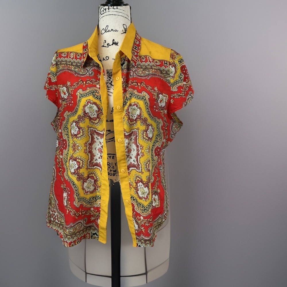 Pura Vida Button-Up Top Short Sleeve‎ Paisley Print Blouse Yellow Red L